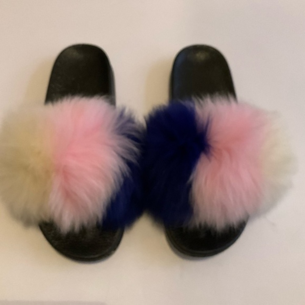Blue Pink & Cream Tricolor Vegan Fur Slides
